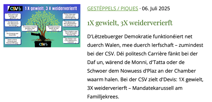 Satireschen Artikel op Luxembourg Jungle mam Titel "Ee Mol gewielt, dräi Mol weiderverierft" iwwert d'Familljeclanen an der Politik, déi sech virun allem an der CSV bemierkbar maachen.