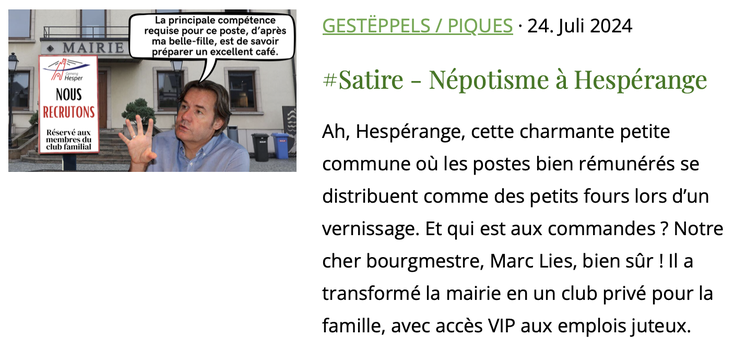 Article satirique sur le népotisme à Hespérange.