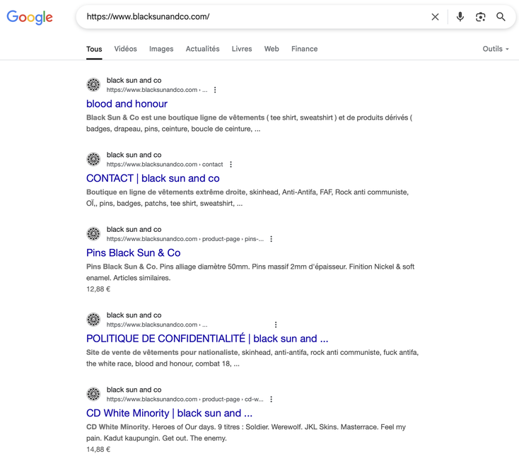 ▲ Screenshot Google - D'Internetsäit op den Autocollants gëtt nach ugewisen, mee wann een drop klickt stellt ee fest, datt se gespaart ass.