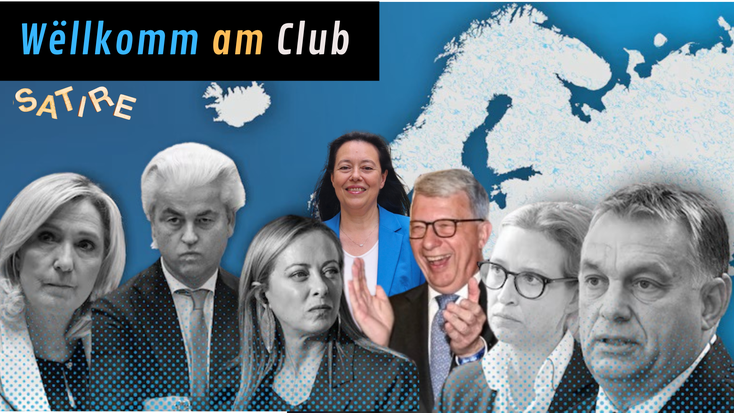 Fotomontage vu rietse Politiker an der EU. Matzendran d'CSV-Europadeputéiert Isabel WISELER. Si huet am Oktober 2024 en Antrag vun der rietsextremer ENR-Fraktioun gestëmmt, an deem Deportatiounszentren fir Migranten an Drëttlänner gefuerdert goufen.