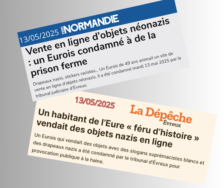 ▲ Titres de la presse française: L'exploitant de la boutique en ligne a été condamné à une peine de prison ferme le 13 mai 2025.