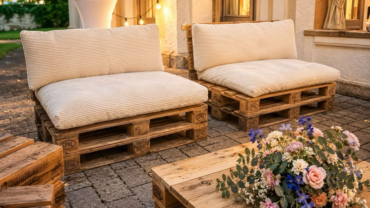 Sommerliches Outdoor Hochzeitssetting mit Lounge aus alten Europaletten mit beigen Cordpolstern auf dem Palettentisch ist Blumenbouquet arrangiert 