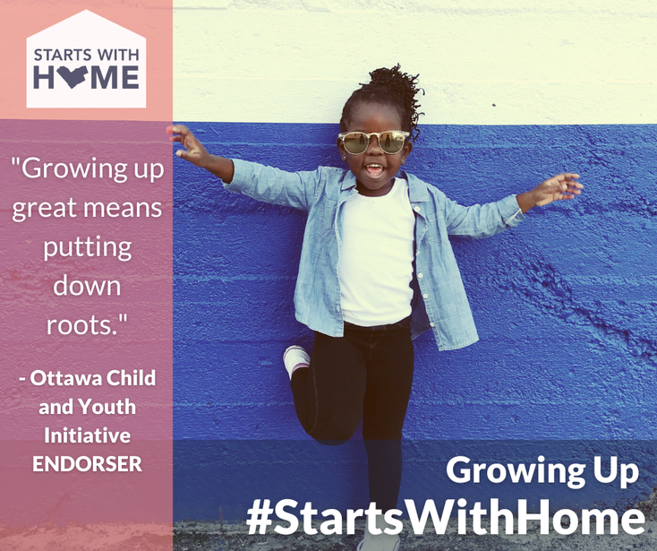 Image of Black girl in sunglasses against a blue wall, with text saying: Growing up great means putting down roots. - Ottawa Child and Youth Initiative ENDORSER, Growing Up #StartsWithHome