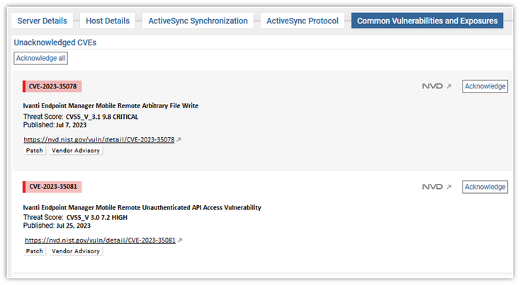 Example of CVE monitoring results for an affected Ivanti EPMM server under ISEC7 Sphere