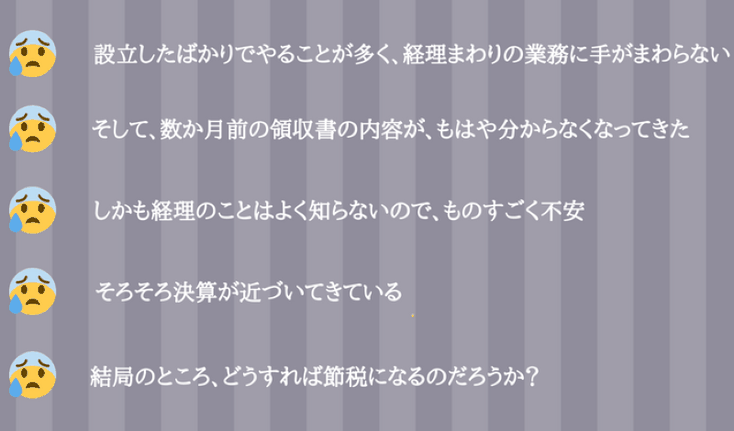 ・設立したばかりでやることが多く、経理まわりの業務に手がまわらない・そして、数か月前の領収書の内容が、もはや分からなくなってきた・しかも経理のことはよく知らないので、ものすごく不安・そろそろ決算が近づいてきている・結局のところ、どうすれば節税になるのだろうか？