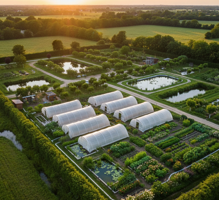 Conception d'un système autonome et résilient en permaculture intégrant récupération d'eau, serres et production alimentaire pour l'optimisation des ressources.