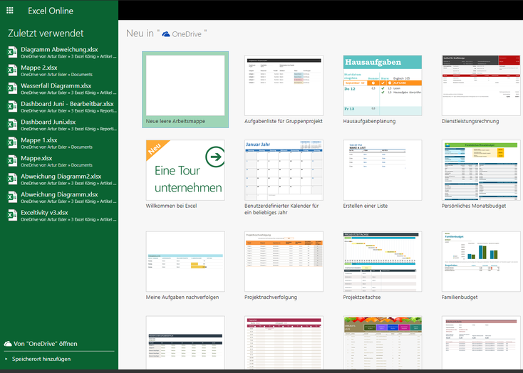 Excel kostenlos mit Excel online Startfenster