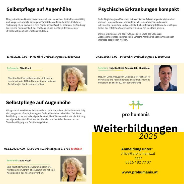Bild, auf dem die Weiterbildungen in der zweiten Jahreshälfte 2025 zu sehen sind. Mit Klick auf das Bild lädt man ein PDF mit weiterführenden Infos herunter.