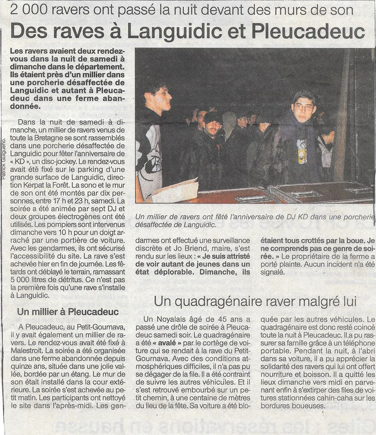 Article Journal pour la teuf de KD (Troudet Jean-Charles) pour son anniversaire en 2002 Porcherie Languidic Archives Rave Culture Free Party BZH Rave On