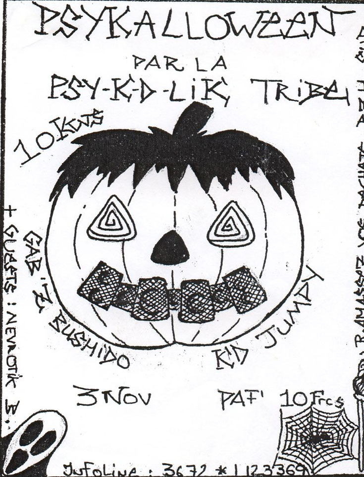 Flyer Psykalloween (réalisé par Alice Monnier Sunshine) Free Party en 2001 au Magouero Plouhinec Morbihan organisée par Psykdlik tribe (KD.BZH Aka JC Troudet)