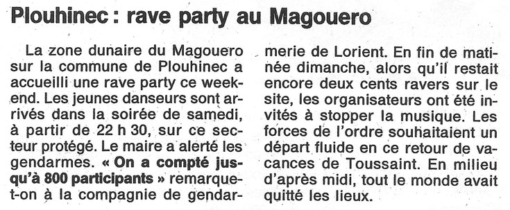 Article Journal sur Free Party au Magouero en 2001 Organisé par JC Troudet (KD.BZH) PSYKDLIK TRIBE Sound System_ Archives Rave party BZH
