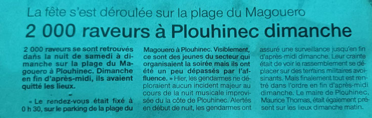 Article journal sur Rave Party au Magouero Plouhinec en 2001_Free Party organisé par Troudet Jean-Charles aka KD.BZH des Psy.k.d.lik Tribe Sound System tekno