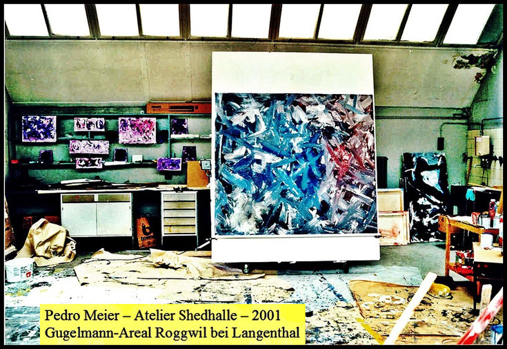 Pedro Meier – Work in Progress – Fabrik-Atelier Shedhalle Gugelmann-Areal Roggwil bei Langenthal. 2001. Bild »Grosse Landschaft«, Öl und Lack auf Leinwand, 200 x 200 cm – Atelier durch Grossbrand 2001 total zerstört, Lebenswerk vernichtet. Visarte, SIKART