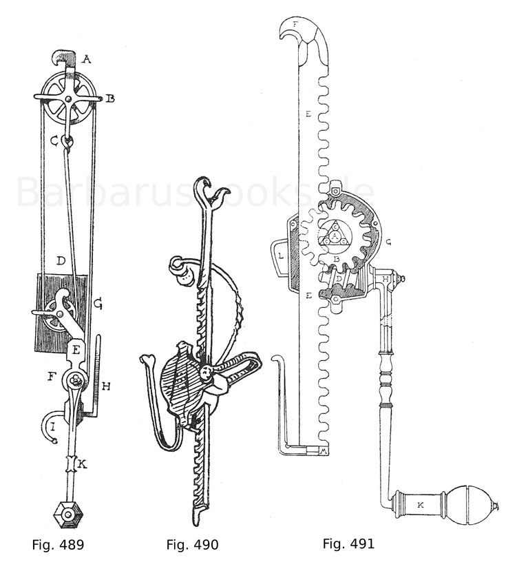 Fig. 489. Mechanismus der in Fig. 488 dargestellten englischen Winde in geometrischer Darstellung. Fig. 490. Eiserne Armbrustwinde, sogenannte „deutsche Winde“ für die Jagd mit eisernem Windenbügel (Windfaden). Um 1560. Fig. 491. Mechanismus einer deutsch