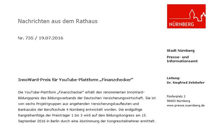 Pressemitteilung des Presseamts der Stadt Nürnberg (Screenshot vom 20.07.2016)