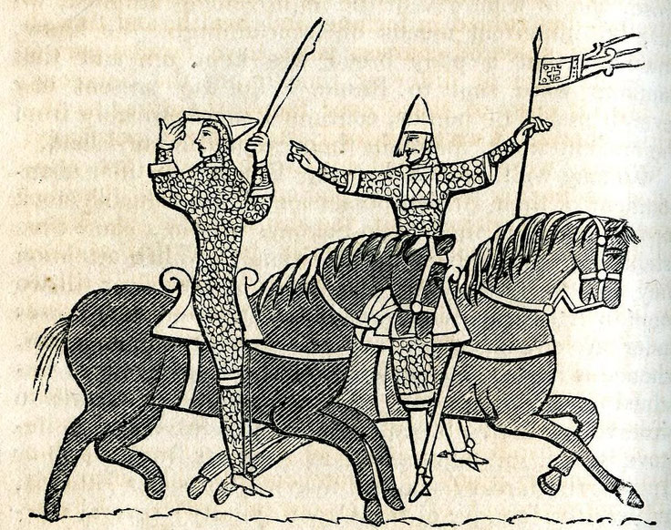 Normannische berittene Ritter auf dem Wandteppich von Bayeux.