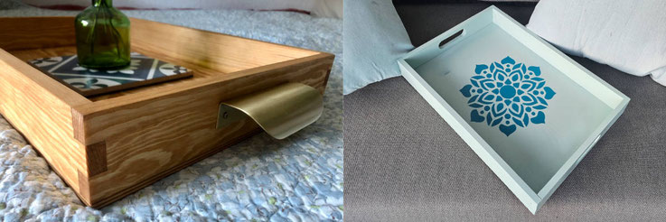 Ergebnisse aus unseren Schreinerkursen für Frauen in Hamburg: Ein naturfarbenes Tablett und ein weiß-blau bemaltes. 