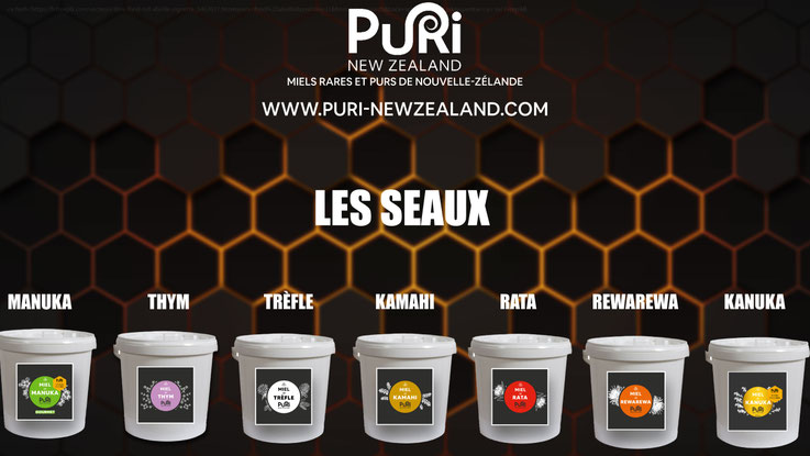 Visuel graphique des Seaux de 10 kg de Miels de Nouvelle-Zélande comme le Miel de Manuka, Thym, Trèfle Blanc, Kamahi, Rata, Rewarewa et Kanuka pour grossiste et professionnel vendu par Puri New Zealand