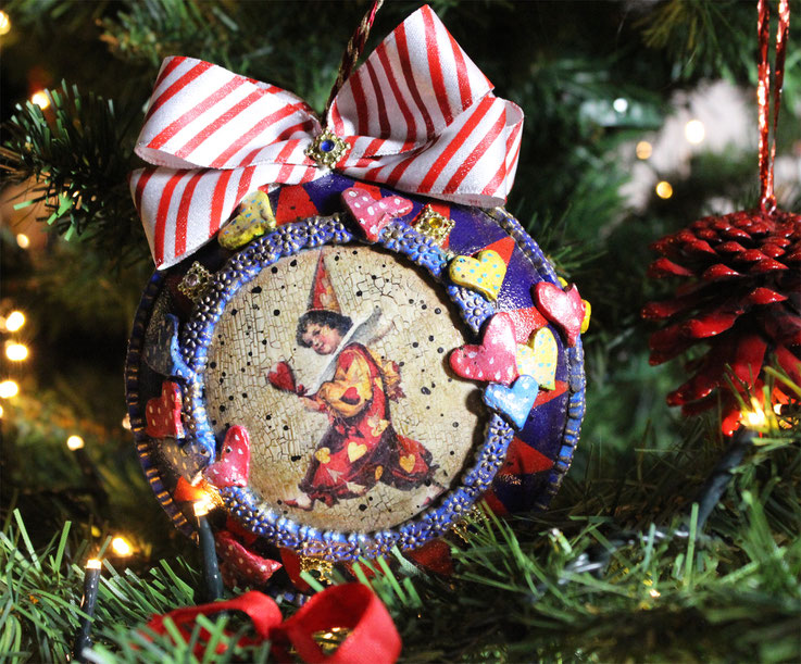 Dècoupage Medallion "Weihnachtszirkus - Clown rot/blau" Dècoupage Dekor-Medallion Weihnachten Vintage