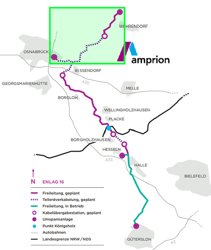 Trassenverlauf EnLAG 16, grün umrandeter Bereich: Abschnitt GA4 - Planfeststellung (Quelle: Amprion)
