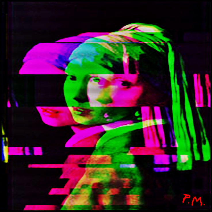 Pedro Meier – Mädchen mit Perlenohrring auf schwarzem Grund – Paraphrase zu Jan Vermeer – Glitch Art Digital Avantgarde 2025 Artwork by Pedro Meier, Lyriker Schriftsteller Multimedia Artist, Künstlerlexikon SIKART Zürich Autorenlexikon AdS Schweiz Visarte