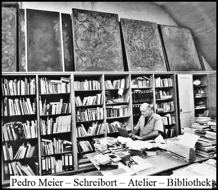 Pedro Meier, Der Dichter in seinem Schreibatelier, Atelierbibliothek, Schreibort, Schreibklause, Kreativort, Kraftort. Pedro Meier, Dichter, Lyriker, Schriftsteller, Multimediakünstler. Shedhalle Gugelmann-Areal, Durch Brandkatastrophe 2001 total zerstört