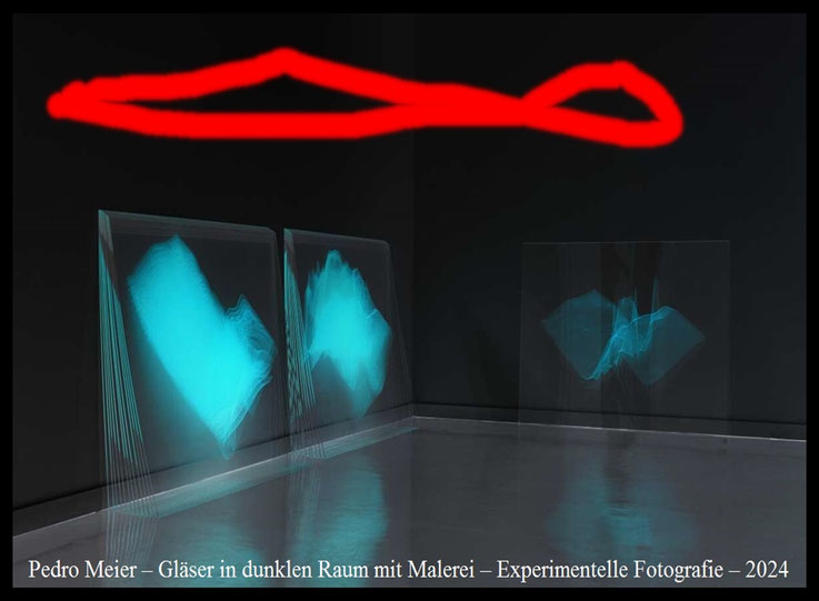 Pedro Meier – Gläser im Dunkeln mit Malerei & Sound – Shadow jars in the dark with painting and Sound – Multimedia-Performance – Foto-Installation – PhotoArt – Fine art photography – 2024 Artwork by Pedro Meier Multimedia Artist, Lyriker, Schriftsteller