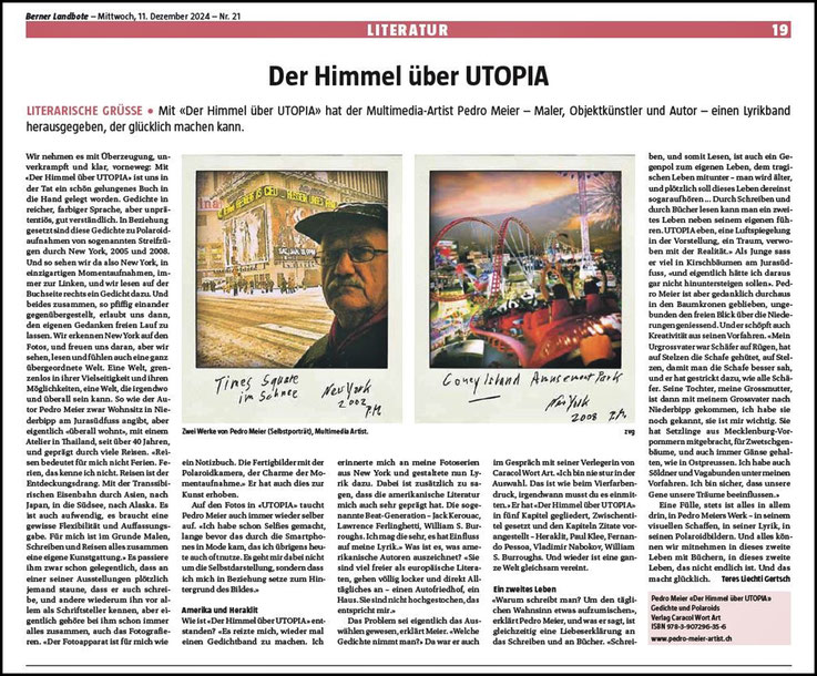 Pedro Meier – Berner Landbote Literatur – Der Himmel über UTOPIA – Buchbesprechung Rezension von Teres Liechti Gertsch – 11.12.2024 – Pedro Meier Lyrik-Buch – Der Himmel über UTOPIA – Gedichte und Polaroids – Streifzüge durch New York – Caracol Verlag