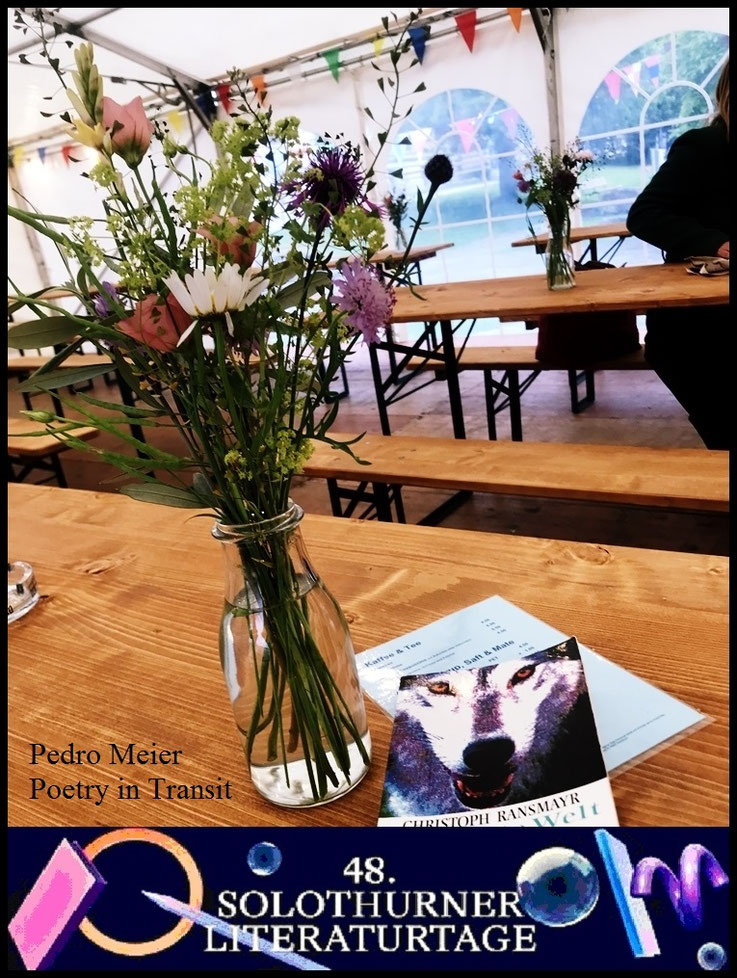 Pedro Meier, Solothurner Literaturtage 2026, Cafépause, Festivalbar. Mit Buch aus dem Bücherschrank, Christoph Ransmayr, Die letzte Welt. Foto Pedro Meier, Malerpoet, Lyriker, Schriftsteller, Multimediakünstler, Poetry in Transit, Chronik des Augenblicks