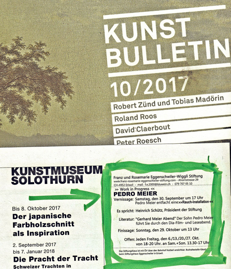 Pedro Meier – Kunstbulletin 10/2017 Franz Eggenschwiler Stiftung – Pedro Meier »Work in Progress« – Literatur: »Gerhard Meier Leseabend« – Es spricht: Heinrich Schütz, Gotthelf Zentrum Lützelflüh– Pedro Meier entfacht eine grosse »Farb-Rauch-Installation«