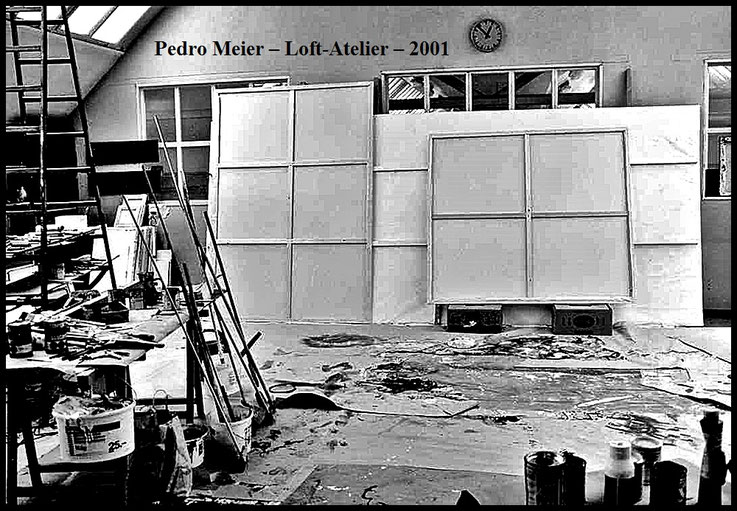 Pedro Meier, Loft-Atelier, Shedhalle, Textilfabrik Gugelmann-Areal Roggwil, 2001 durch Großbrand Brandkatastrophe Lebenswerk vollständig zerstört, über 1000 Bilder, Manuskripte, 12'000 Bücher vernichtet. Pedro Meier, Malerpoet, Lyriker, Multimediakünstler