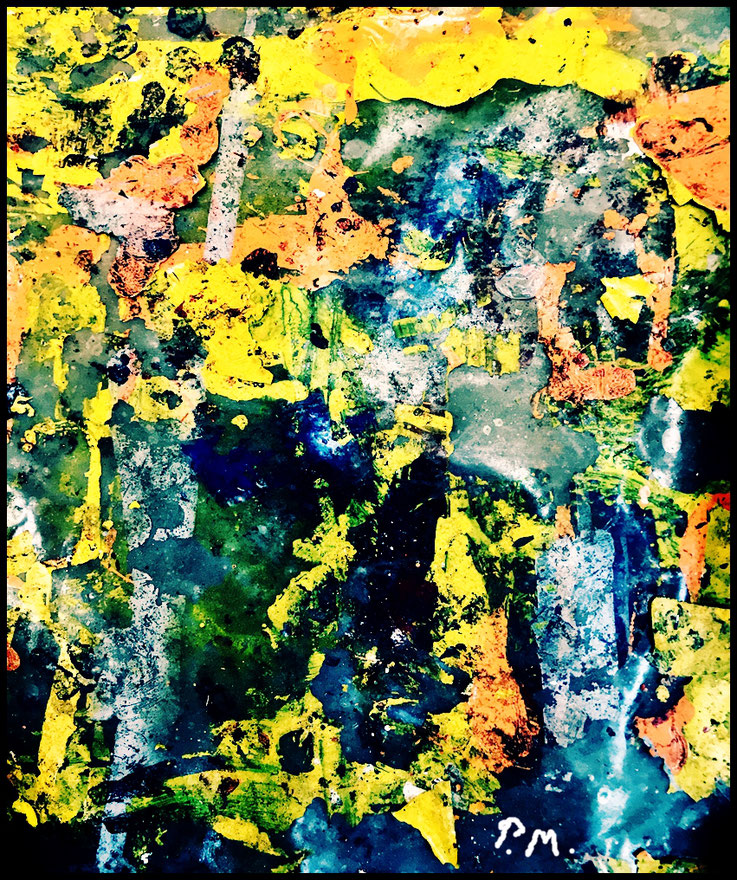 Pedro Meier » Was vom Tage übrigblieb – The Remains of the Day « SPACETIME, Atelierboden, Farbteppich, Farbüberreste, Malprozess, Action Painting, Tachismus, Mixed Media 2024, Abstraktion, Paraphrase zu Kazuo Ishiguro, Artwork by Pedro Meier Lyriker Autor