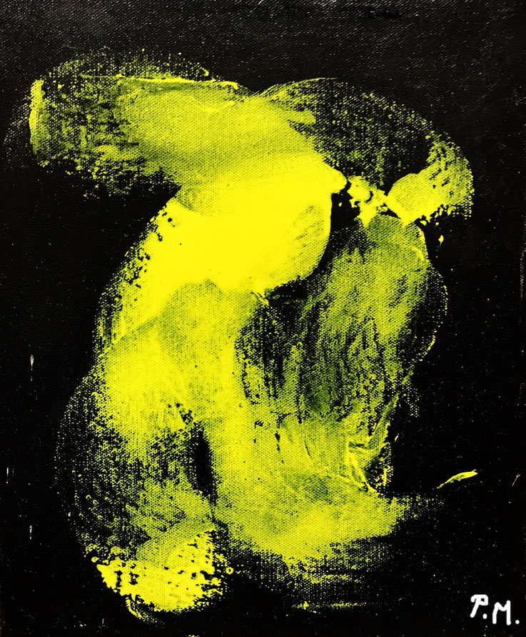 Pedro Meier – Gelb Schwarz Abstract – Haiku – Mixed Media – Öl, Lack, Pigmente auf Leinwand, 70 × 50 cm 2020 Artwork by Pedro Meier, Multimedia Artist, Lyriker, Schriftsteller, Niederbipp, Autorenlexikon AdS Schweiz, Visarte Künstlerlexikon SIKART Zürich