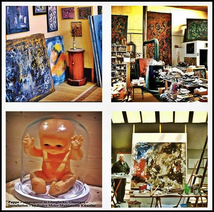 Pedro Meier Atelierimpressionen, Kybernetischer Realismus, Sirius-Kybernetik, Shedhalle, Puppe in Glasglocke, Kanonenofen, Wunderkammer, Panoptikum, Kuriositätenkabinett, Artwork 2001 by Pedro Meier Schriftsteller, Multimedia Artist, Visarte SIKART Zürich