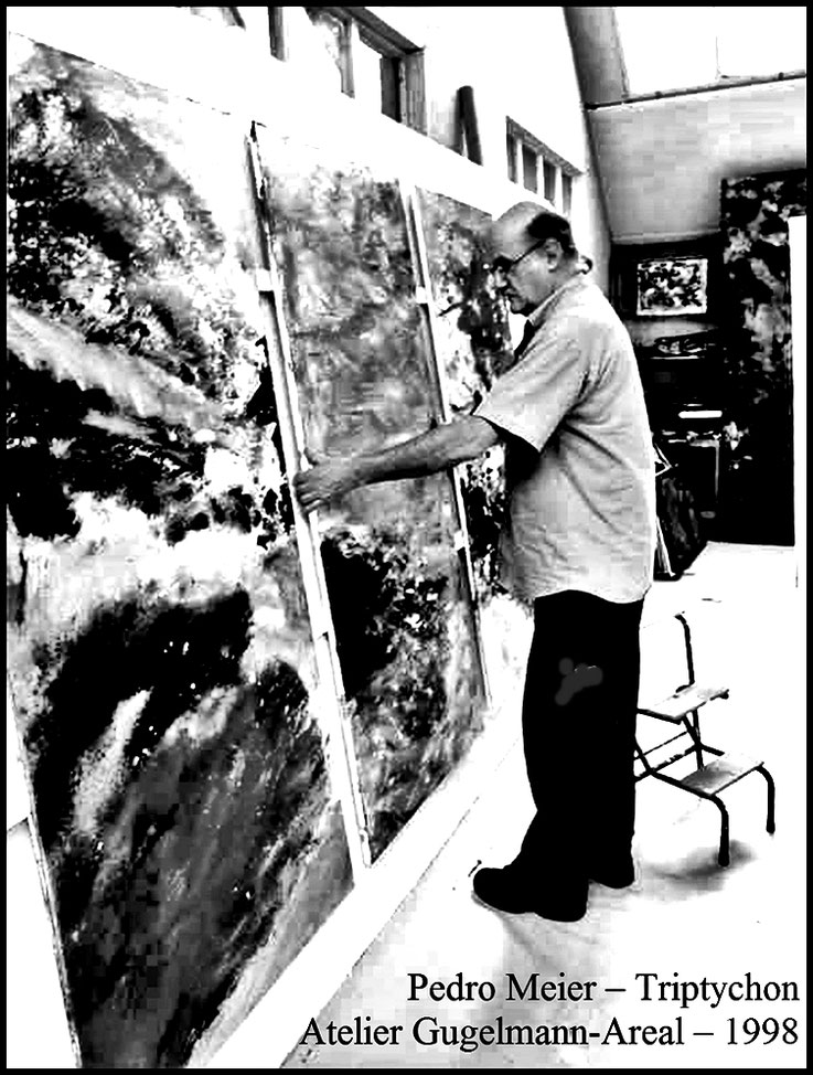 Pedro Meier, Werkzyklus, Fernöstliche Impressionen, Triptychon, Atelier Shedhalle Gugelmann-Areal bei Langenthal 1998. Durch Großbrand 2001 vollständig zerstört. Artwork by Pedro Meier, Lyriker, Multimedia. Utopie und Apokalypse. Transmedialer Erzähler
