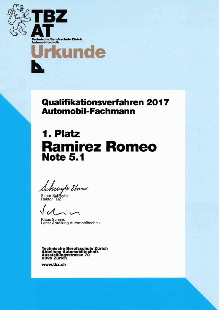 Urkunde vom 1.Platz von Romeo Ramierez als Automobilfachmann 2017
