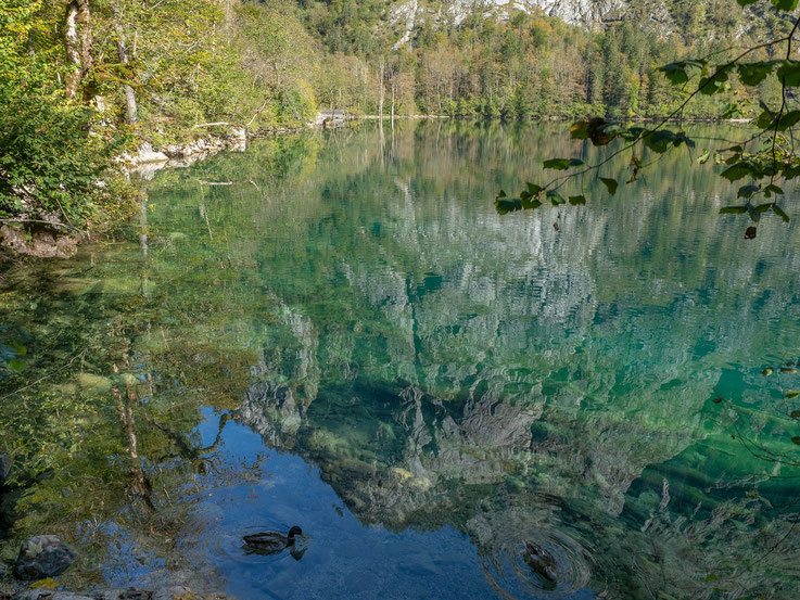 In dem glasklaren Wasser spiegeln sich  die steil aufragenden Felswände.