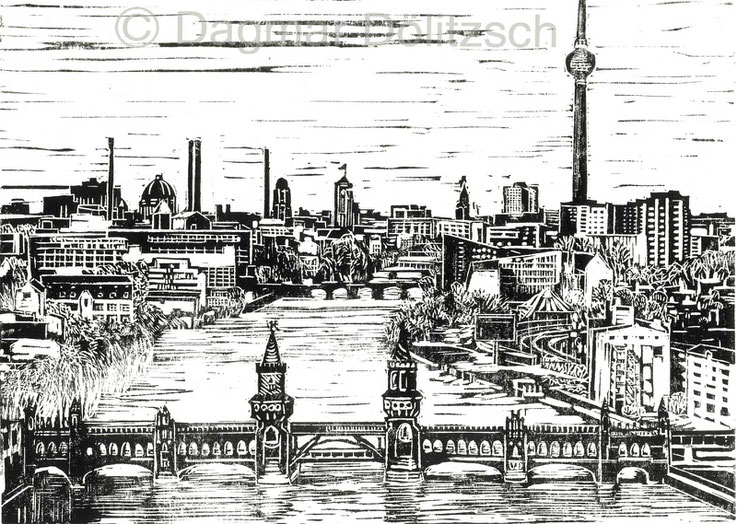 Titel: Berlin mit Oberbaumbrücke, Technik: Linolschnitt, Format: 30cm x 20cm, Entsetehungsjahr: 2017, Künstlerin: Dagmar Dölitzsch