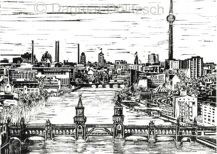 Titel: Berlin mit Oberbaumbrücke, Technik: Linolschnitt, Format: 30cm x 20cm, Entsetehungsjahr: 2017, Künstlerin: Dagmar Dölitzsch