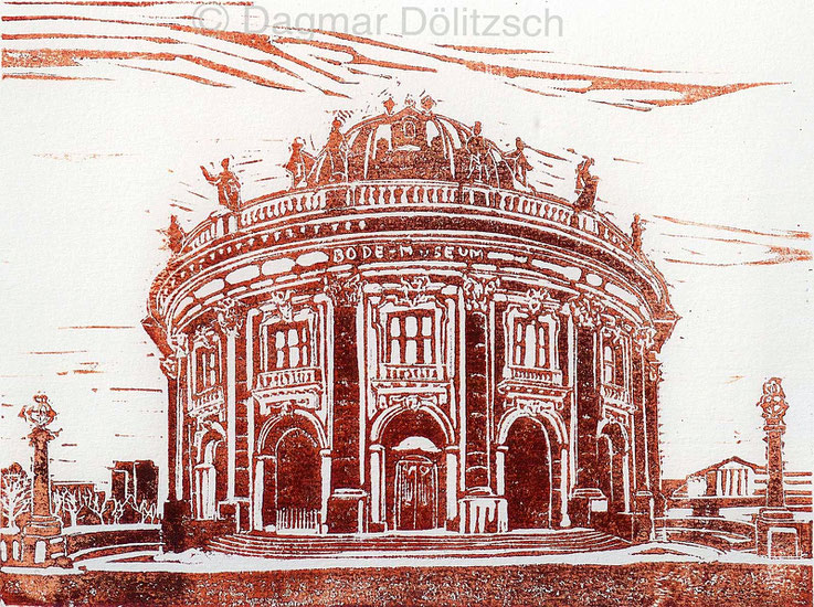 Titel: Bode-Museum, Technik: Linolschnitt: Format: 20cm x 15cm, Künstler: Dagmar Dölitzsch