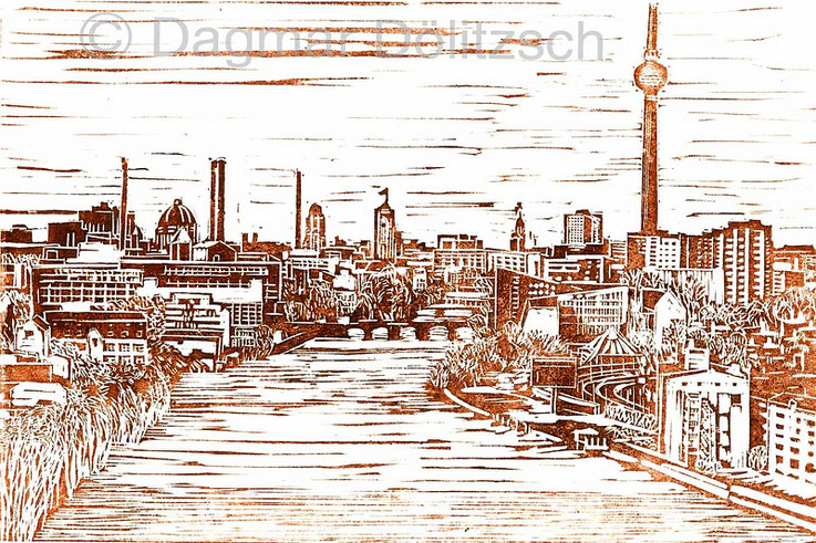 Titel: Blick auf Berlin Mitte, Technik: Linolschnitt, Format: 30cm x 20cm, Künstler: Dagmar Dölitzsch