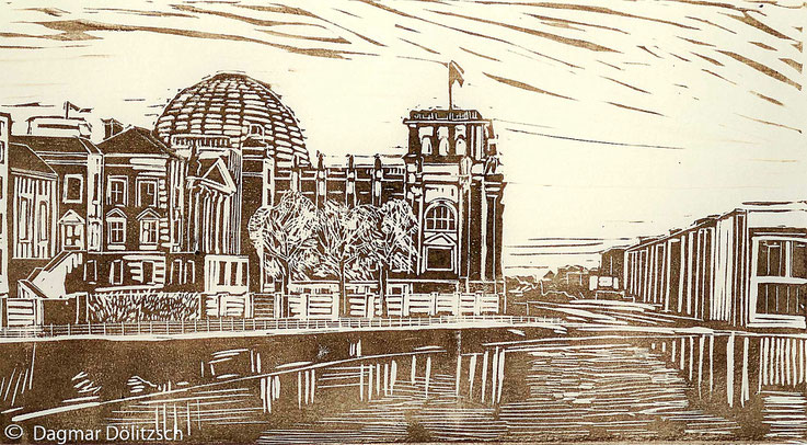 Druckgrafik, Titel: Reichstagsgebäude, Technik: Linolschnitt, Format: 28cm x 15cm, Künstler: Dagmar Dölitzsch