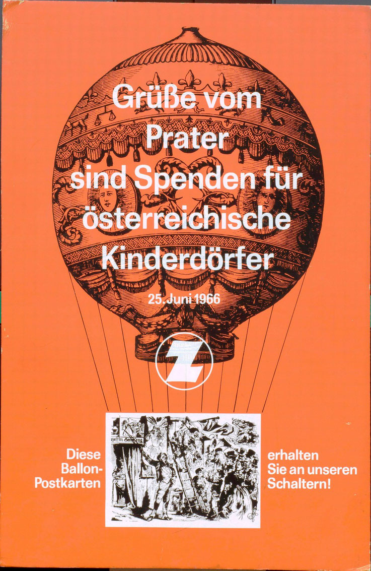 Grüsse vom Prater sind Spenden für österreichische Kinderdörfer. Aufsteller, Grafik von Heinz Traimer 1966