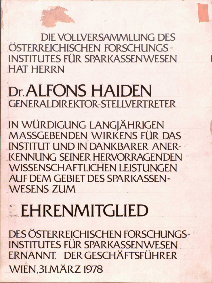 Urkunde für Dr. Alfons Haiden (Zentralsparkasse) von 1978 - nicht ausgefertigt.