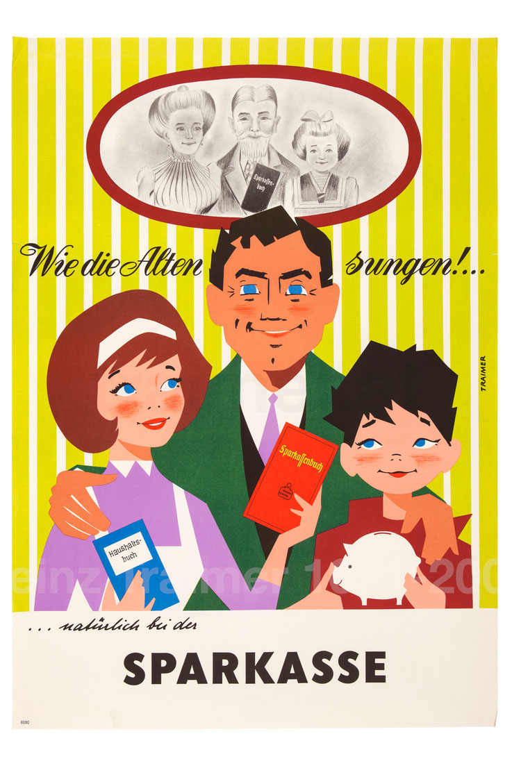 Familie mit Sparkassenbuch. Sparkassenwerbung der 1960er Jahre. Plakat von Heinz Traimer.