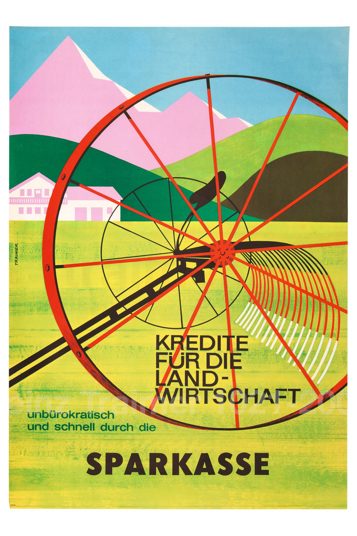 Kredite für die Landwirtschaft - unbürokratisch und schnell durch die Sparkasse (Landwirtschaftliches Gerät vor Bergkulisse) Plakat um 1961