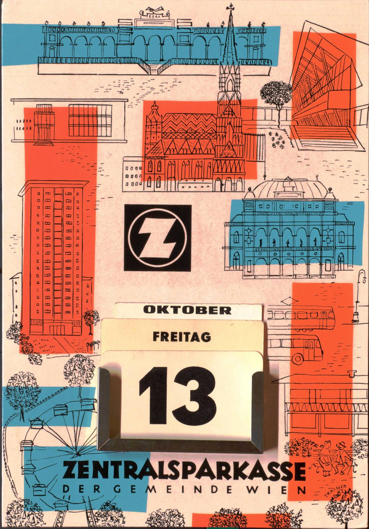 Kalender mit Wiener Sehenswürdigkeiten -  Aufsteller für Zentralsparkasse Filiale. Grafik Heinz Traimer 1958.