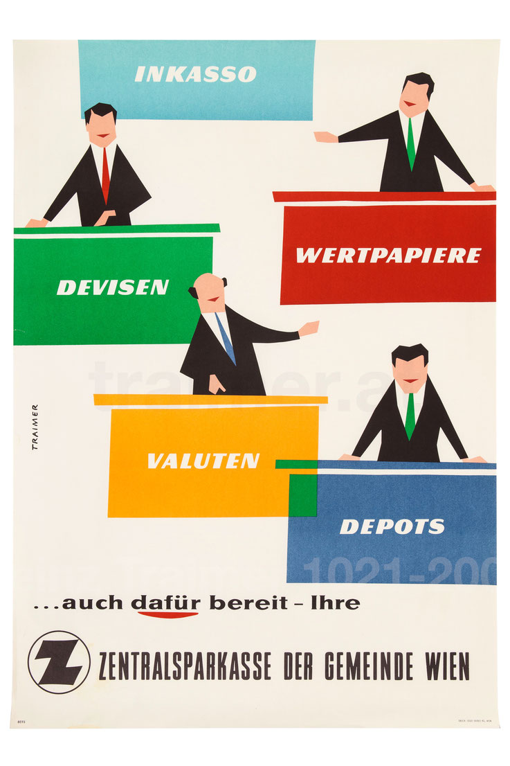 Inkasso Wertpapiere Devisen Valuten Depots Poster Werbung der Zentralsparkasse der Gemeinde Wien vor 1960.