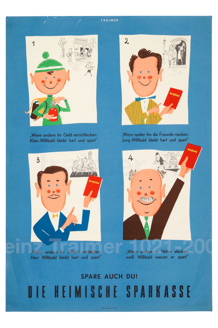 Sparkassenplakat. Sparbuch Werbung der Sparkasse um 1956. Plakat Sammlung Traimer.