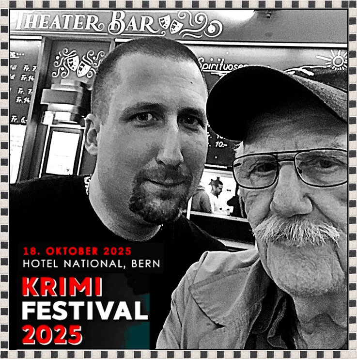 Pedro Meier – Sascha Michael Campi, Präsident Krimi Schweiz, Krimi Festival 2025 Schweizer Krimipreis, Hotel National Bern, Theater Bar, Selfie-Art-Project by Pedro Meier, Autor & Multimedia Artist, Surrealer Kurzkrimi » Die Ermordung von Albert Einstein«